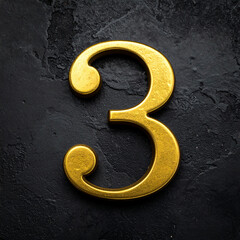 Golden number 3 three on dark textured surface. Abstract design.