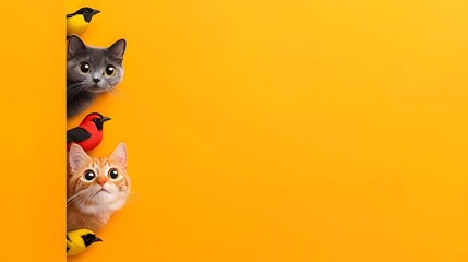 Whimsical pets peeking from vibrant orange backdrop