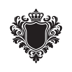 Black and white silhouette of a decorative ornamental emblem, royal vintage crest shield, crown heraldry victorian elegant luxury frame vector illustration isolated on a white background