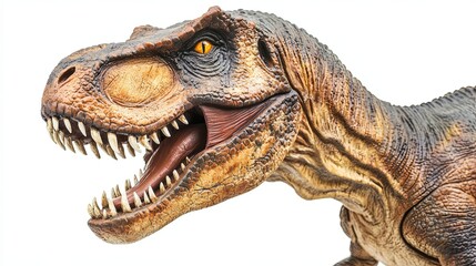 Obraz premium T-Rex figurine close-up with sharp teeth, dramatic side lighting, white backdrop. Prehistoric power and texture in striking detail.