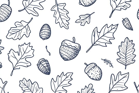 Simple, repeating pattern of oak leaves and acorns.  Detailed line drawings of various shapes and sizes