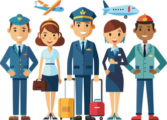 Cartoon Airline Crew: Pilots, Flight Attendants, and Ground Staff Vector Illustration for Travel and Aviation Industry Graphics