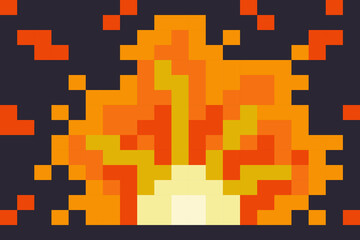 pixel explosion with round yellow center and flying fire pieces on dark blue background. explosion scene for conceptual game in pixel art style, in primitive square blocks