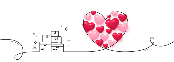 Wholesale goods line icon. Continuous line big heart. Warehouse boxes sign. Logistic inventory symbol. 3d hearts in heart shaped loop. Wholesale goods single line ribbon. Loop curve pattern. Vector