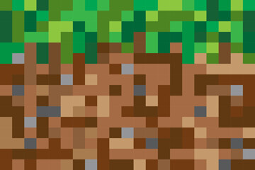 pixel horizontal background of top layer of earth in section with grass on top close-up. conceptual game ground texture in pixel art style, earth and grass in primitive square blocks