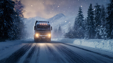 Heavy-Duty Truck Navigating Snowy Mountain Road at Dusk Amidst Pine Forest