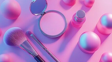 Fashion Makeup Cosmetic Accessories Arranged on a Pink Background.