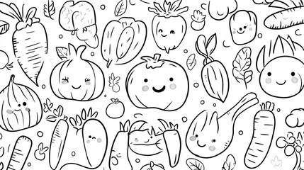 Happy vegetables doodle background, healthy food