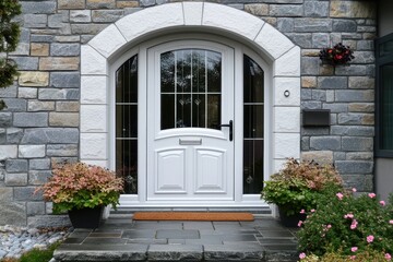 Naklejka premium Elegant arched white door in stone wall with flowers and doormat. Showcases welcoming entryway, ideal for home and design projects.