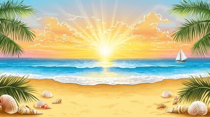 Obraz premium Serene Sunset Beach Scene with Ocean Waves and Sailboat