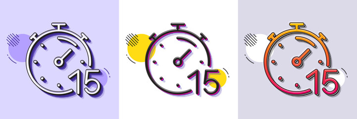 Timer 15 minutes line icon. Halftone dotted pattern. Gradient icon with grain shadow. Stopwatch time sign. Countdown clock symbol. Line timer icon. Various designs. Vector
