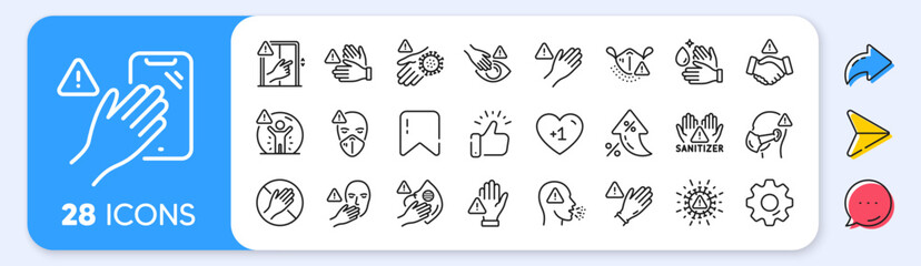 Touch warning line icons. Interest rate, AI generate, Inflation icons. Stop touch face, eyes and medical mask. Covid cough symptoms, wash and disinfect hands icons. Vector