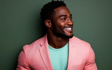 Obraz premium young vogue confident smiling man with short hair, wearing a light solid color blazer, standing against color background
