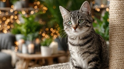 Grey striped cat sitting on a scratching post, looking content and calm in a cozy living room