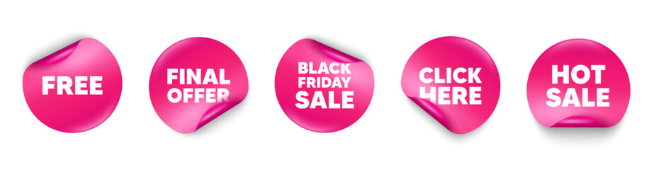 Free sticker tag. Click here, Black friday paper price banners. Free tag. Special offer sign. Sale promotion symbol. Hot sale sticker. Promo banners. Vector