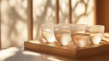 Elegant drinking glasses in artistic arrangement, evoking refined simplicity and warm ambiance