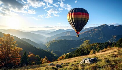 Fototapeta premium Hot Air Balloon Soaring Over Autumnal Mountain Landscape at Sunrise