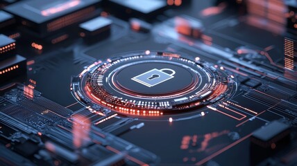 Cybersecurity Concept with Futuristic Lock on Circuit Board lock futuristic concept digital security