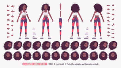 Sporty African American woman curly afro DIY character creation set, fitness body figure parts. Coach in workout yoga leggings, head, leg, hand gestures, emotion, construction kit. Vector illustration