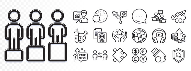 Teamwork, Chemistry lab and Inflation line icons for web app. Glare of light effect. Message icon. Pack of Flash memory, Headphones, Fake news pictogram icons. Vector