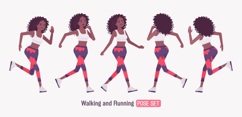 Sporty African American woman curly afro walk, run pose set. Fit coach in workout yoga leggings, exercise pants for pilates, running, jogging, sport gym dance. Vector flat style cartoon illustration