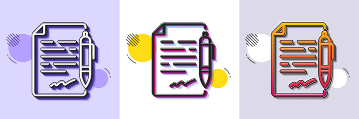 Agreement document line icon. Halftone dotted pattern. Gradient icon with grain shadow. Contract file signature sign. Office note symbol. Line agreement document icon. Various designs. Vector