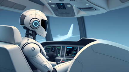 A futuristic white humanoid robot pilot in a commercial airplane cockpit, Modern Technology Concept, Generative Ai