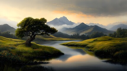 Peaceful pastoral landscape with meadows lake and mountainous backdrop