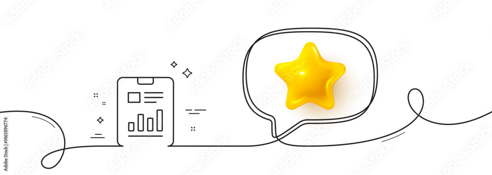 Poster report document line icon. continuous line with 3d star. analysis chart or sales growth sign. statis