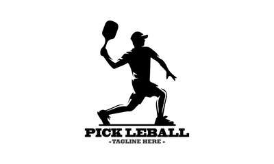 pickleball logo vector graphic and vector silhouette of a pickleball player serving with white background
