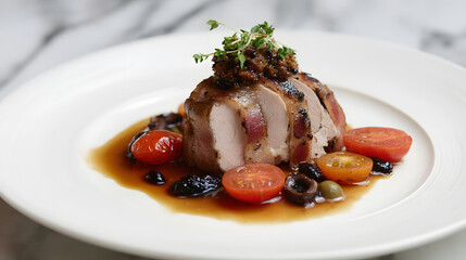 Roasted Rabbit Wrapped in Pancetta Served on Platter with Cherry Tomatoes and Garnish for Elegant Dining Experience