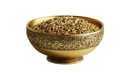 Golden bowl of cumin seeds on black background