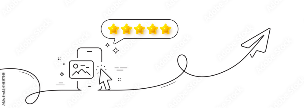 Poster phone image line icon. continuous line with share plane. smartphone app sign. cellphone mobile devic