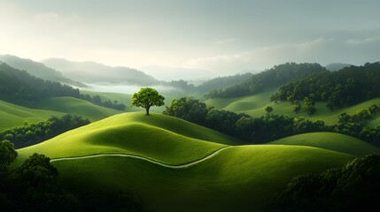 Serene countryside landscape with rolling hills and verdant meadows
