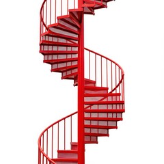 Red spiral staircase with metal steps isolated on white background