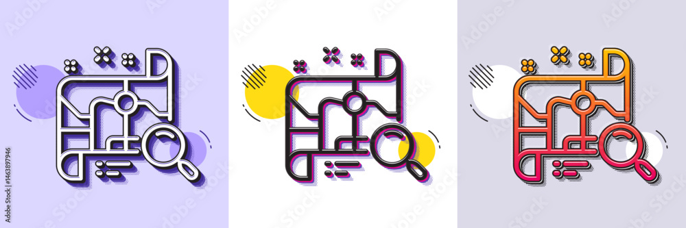 Poster search map line icon. halftone dotted pattern. gradient icon with grain shadow. find location addres