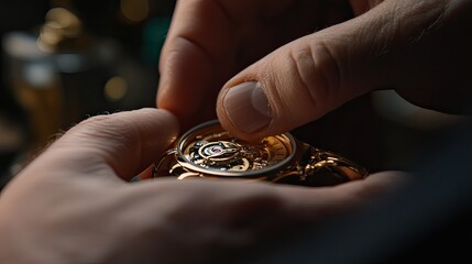 Hands assemble intricate gold watch mechanism with ruby detail; precision focus