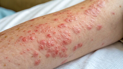A severe skin reaction is evident on a person's torso and arms, characterized by a widespread red and bumpy rash with irregular, blotchy distribution, photographed outdoors