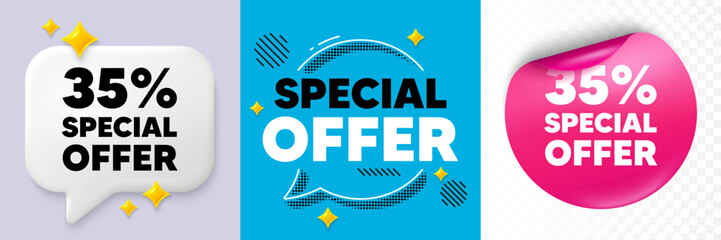Discount speech bubble. 3d sparkles chat, Paper sticker. 35 percent discount offer tag. Sale price promo sign. Special offer symbol. Special offer bubble. Halftone dots pattern. Vector