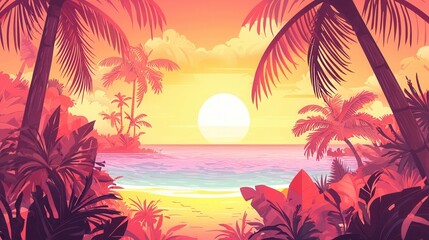 Obraz premium Tropical Sunset Beach Scene Palm Trees Ocean and Sandy Shore