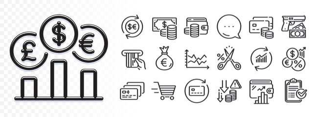 Wallet money, Wallet and Survey checklist line icons for web app. Glare of light effect. Message icon. Pack of Renew card, Inflation, Card pictogram icons. Vector