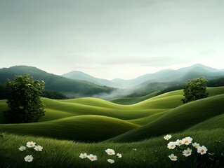 Serene pastoral landscape with rolling green hills and blooming meadows