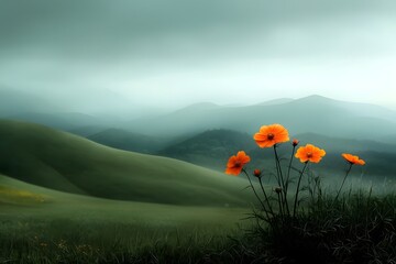 Serene pastoral landscape with rolling hills and vibrant wildflowers