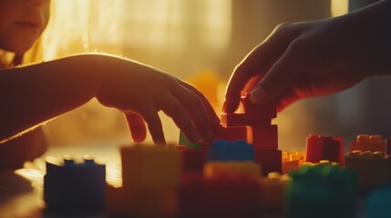 Child and adult hands playing with colorful building blocks in warm sunlight.