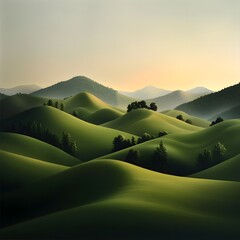 Serene rolling countryside with lush green hills and meadows