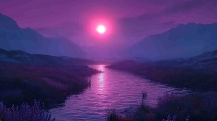 Fototapeta premium Glowing pink sky over desert oasis shimmering water reflecting the setting sun cinematic mystical escape