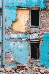 Naklejka premium Damaged Teal Building Exterior with Exposed Brick and Empty Window Frames