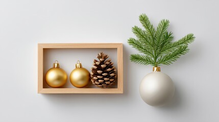 A simple contemporary Christmas still life featuring pine branches gold and white holiday ornaments displayed in a natural wood frame against a plain background