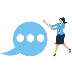 A Businesswoman sits reading a newspaper with fake news written on it in front of a chat bubble, an illustration for fake news, hoax, illegal reports, misinformation.