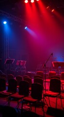 Empty Theater Stage with Red and Blue Lights Before Show Begins